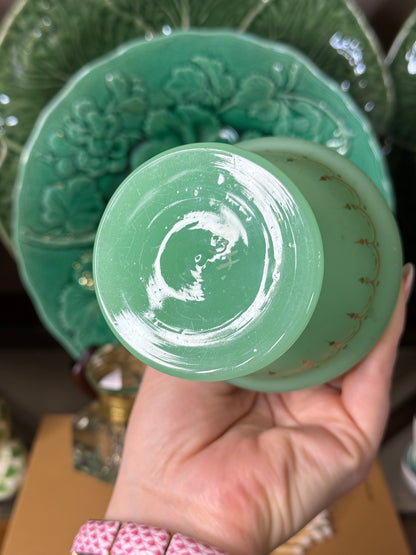 Antique Green Opaline Glass Perfume Bottle with Gilt Decoration, 8” Tall