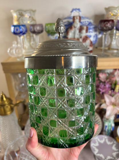 Stunning antique cut green biscuit jar with holding tray!