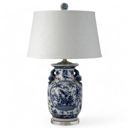 Stunning! 17Lx17Wx 28H Blue & White B/W Birds & Floral lamp, Acrylic Base, Shade is included