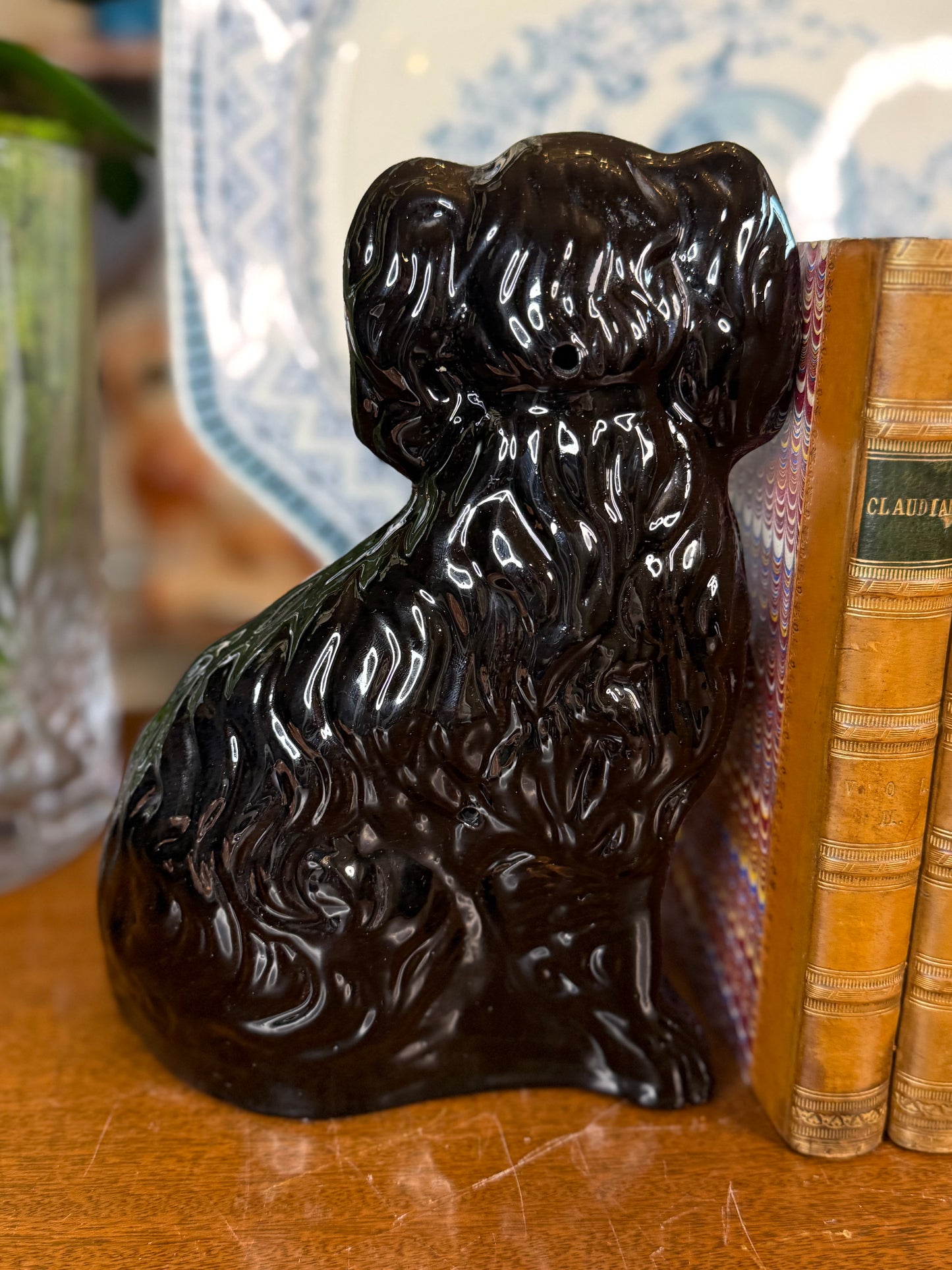 Antique Pair of 19th Century Black Jackfield Spaniels | Staffordshire Dogs | 9.5"H x 7"W x 3.5"D | #DA4506