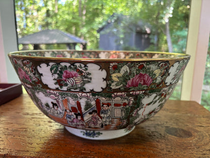 Stunning 14 1/4” Famille rose bowl with gold rim!