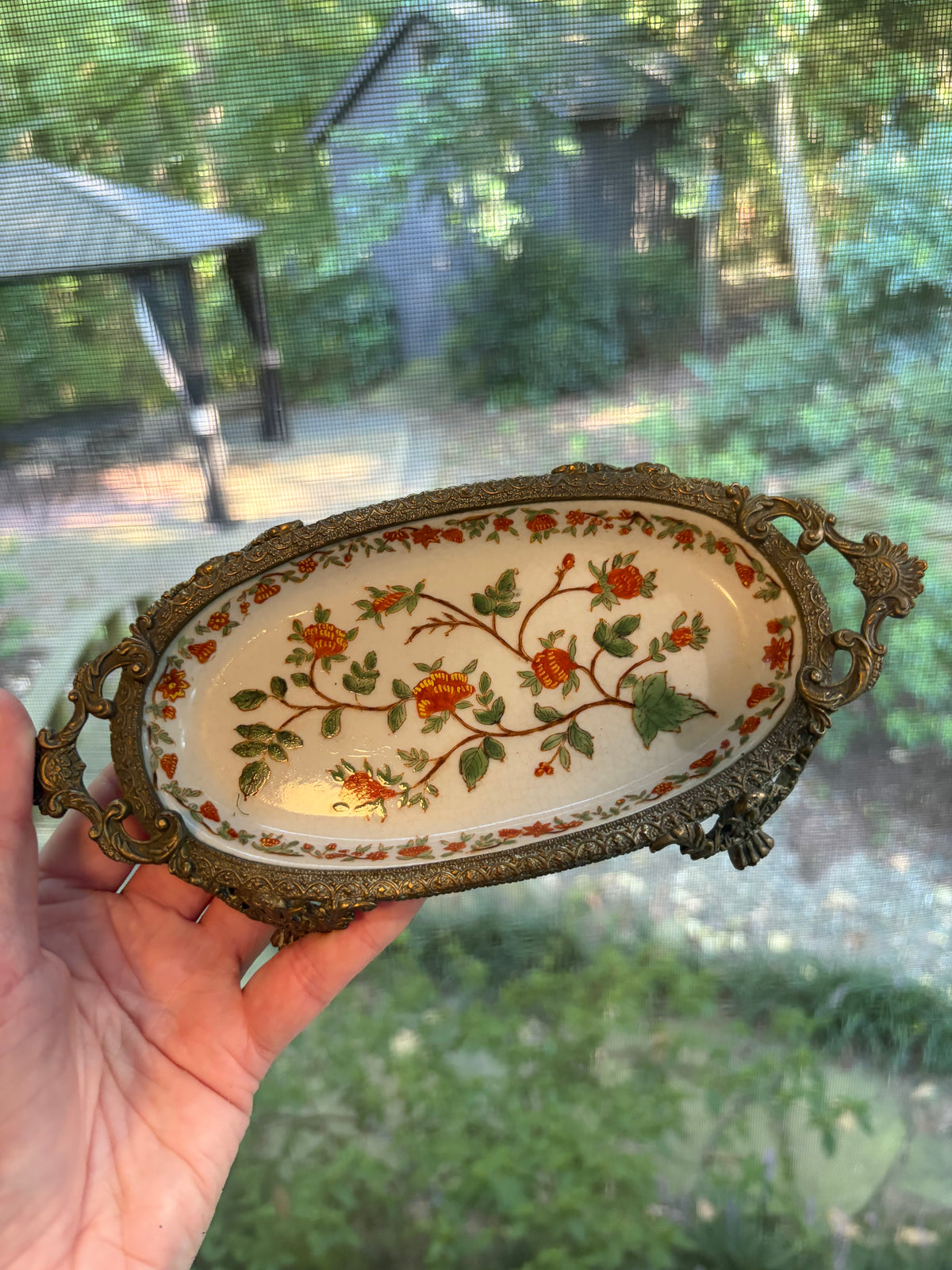 Gorgeous bronze footed floral dish!