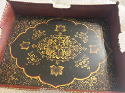 Stunning extra large gallery tole tray with designs and brass feet!