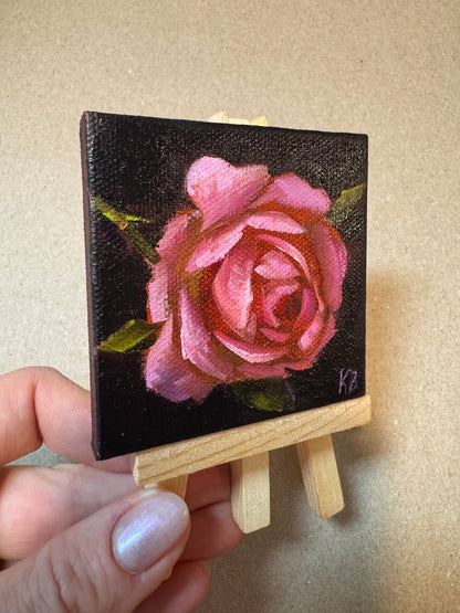 Live 06/19 mini art dark pink rose original oil paintings on stretched canvas 3x3”