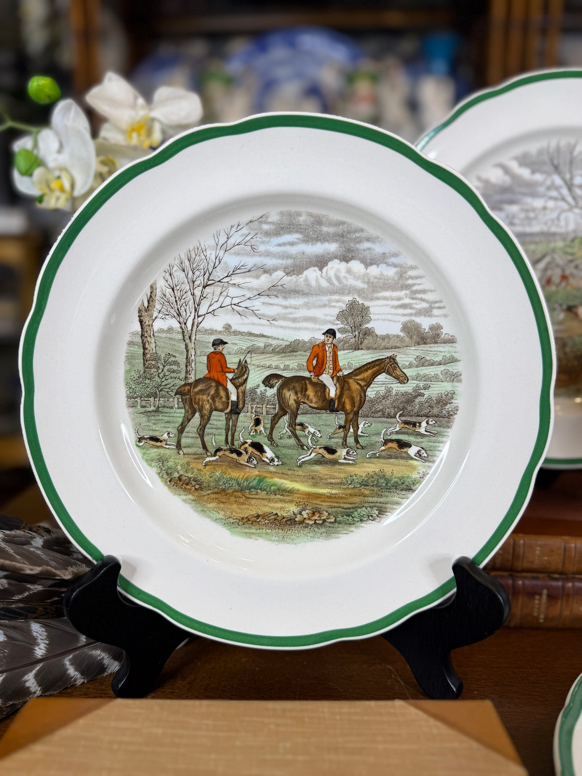 Vintage Spode “The Hunt” J.F. Herring Sr. Equestrian Hunting Plates, Set of 4, Green Trim, Scalloped Edge, England, 10” D | #DA4593