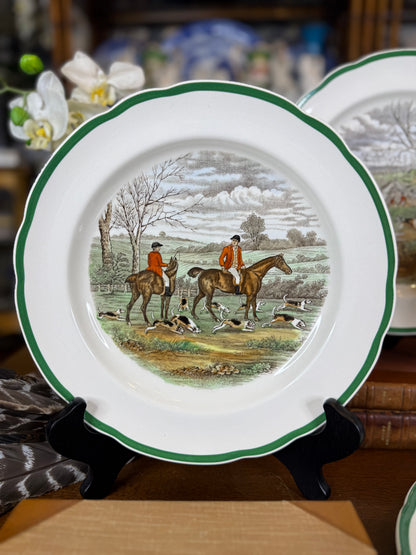Vintage Spode “The Hunt” J.F. Herring Sr. Equestrian Hunting Plates, Set of 4, Green Trim, Scalloped Edge, England, 10” D | #DA4593