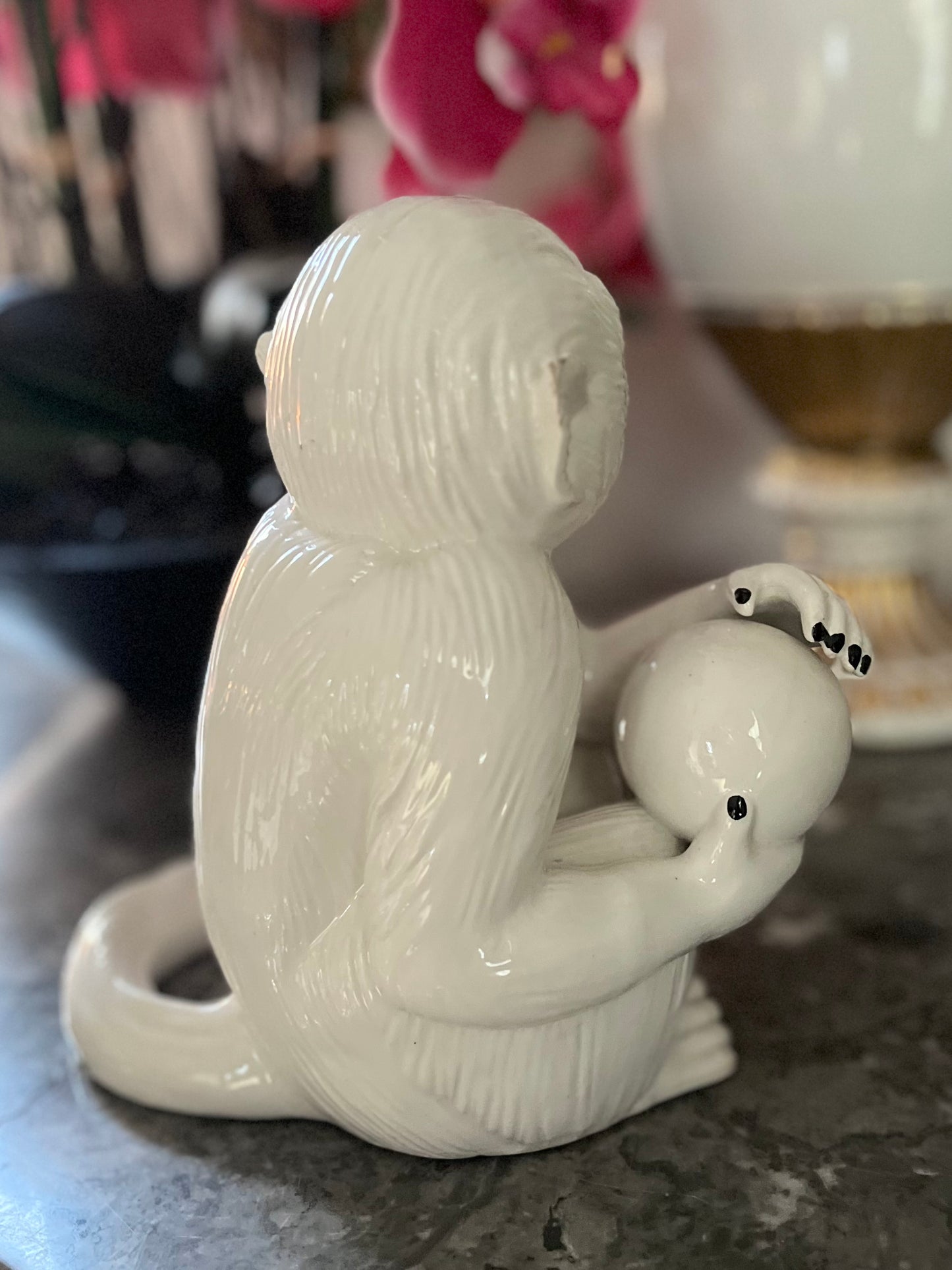 Live 06/29 Signed Italian Capuchin Monkey Ceramic Figurine Holding Orb | Mid-Century Decor