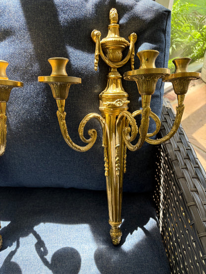 Stunning Louis XVI style ornate brass sconces pair with 3 arms!