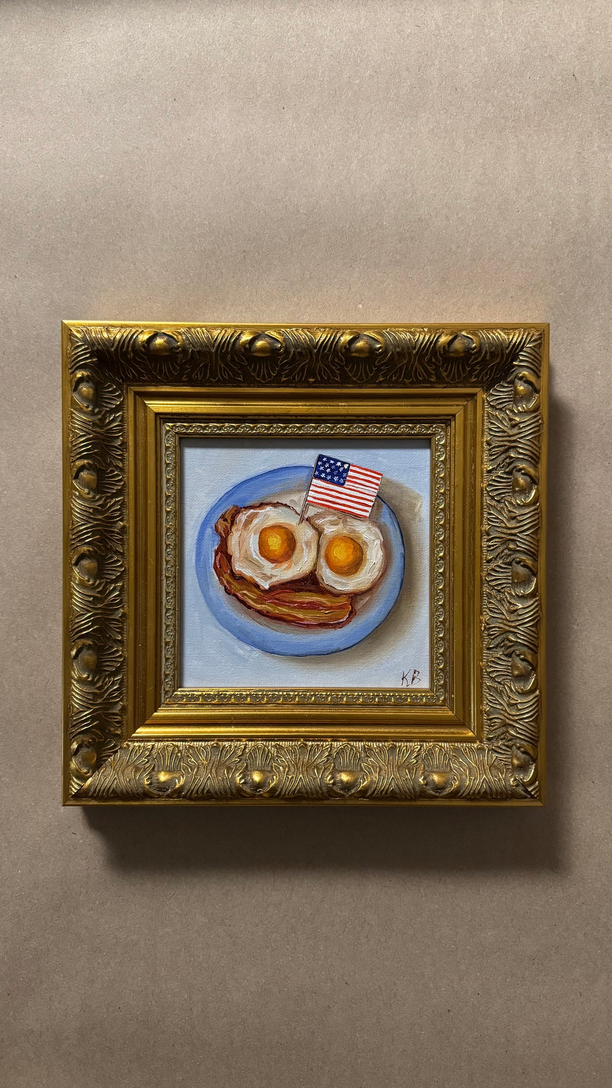 Original American Breakfast Oil Painting – Bacon and Eggs with USA Flag in Vintage Gold Frame