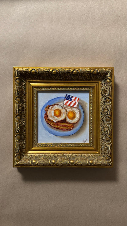 Original American Breakfast Oil Painting – Bacon and Eggs with USA Flag in Vintage Gold Frame