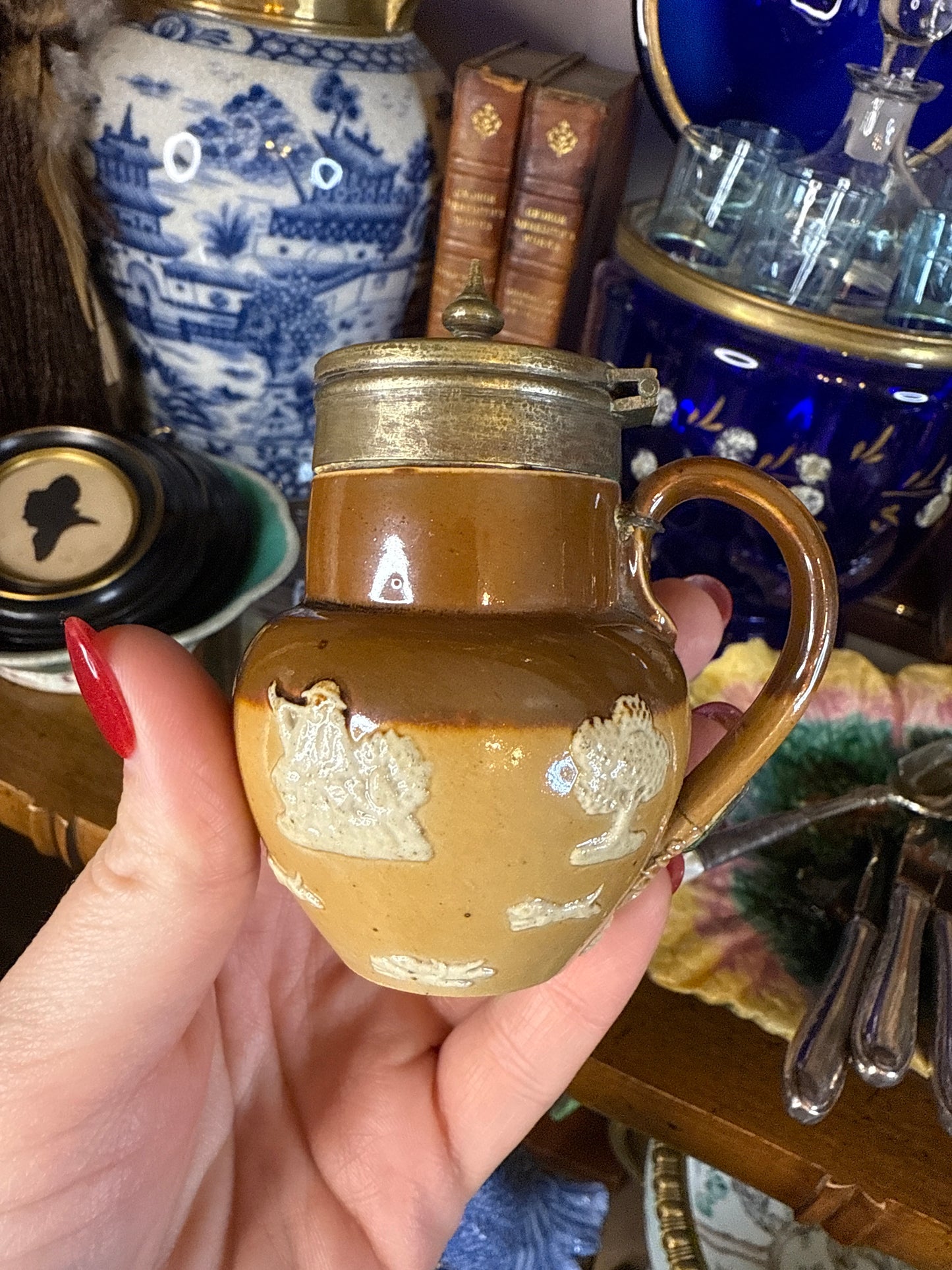 Antique Doulton Lambeth Stoneware Condiment Set – Mustard Pot and Salts, c.1890, Stapled