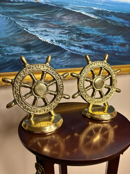 Beautiful pair of heavy brass ship wheel bookends pair!