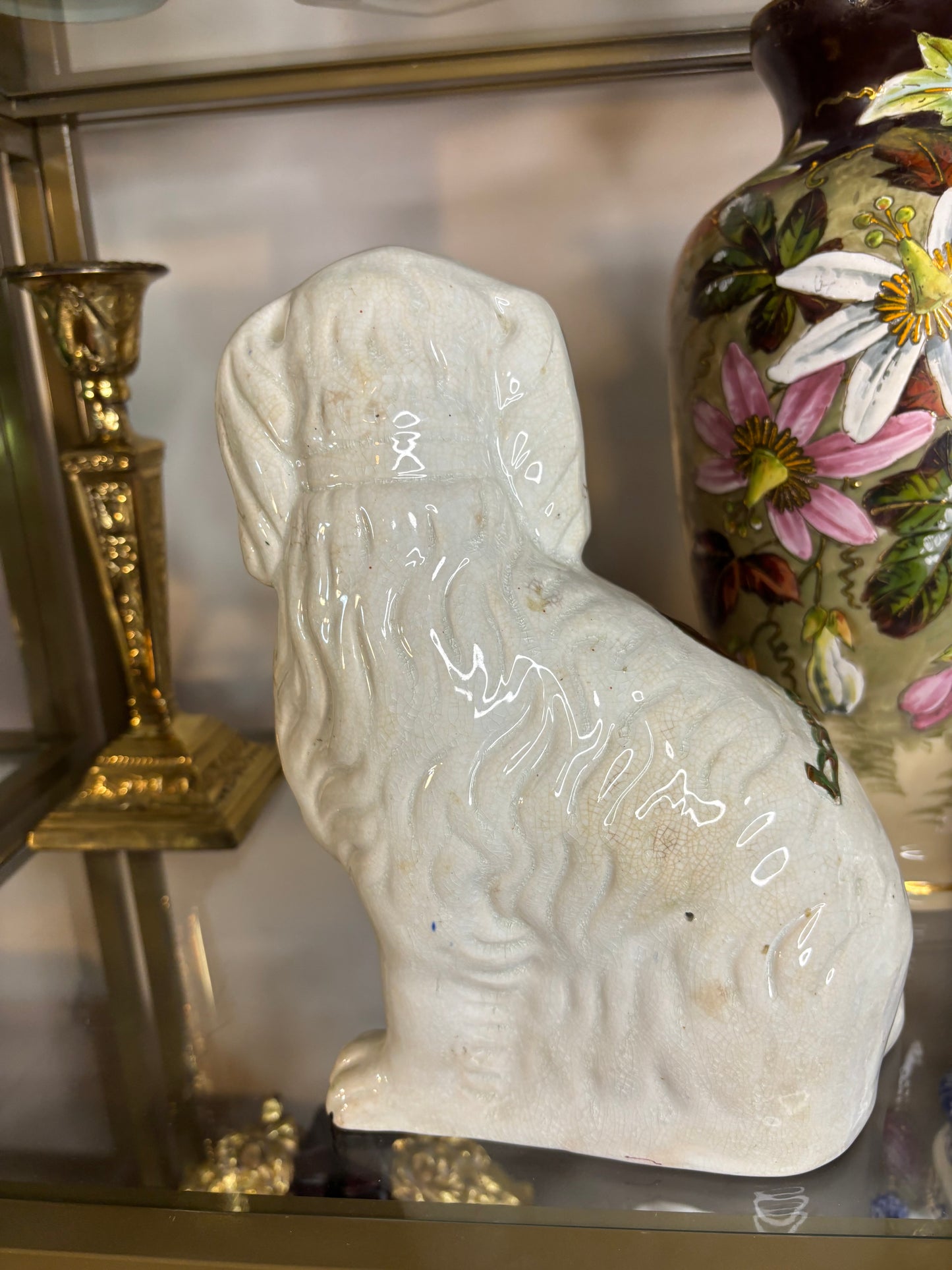 Stunning antique Staffordshire spaniel mantel dogs with lustre decoration pair!