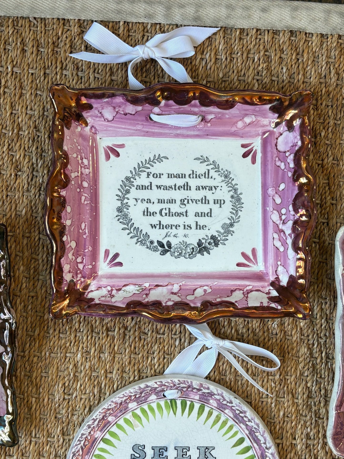 WCCR Charitable Item #124 | Antique Pink Lustre Ceramic Wall Plaque | “For Man Dieth, and Wasteth Away…” (Job 14:10) | Copper Lustre Border | 9” x 8”
