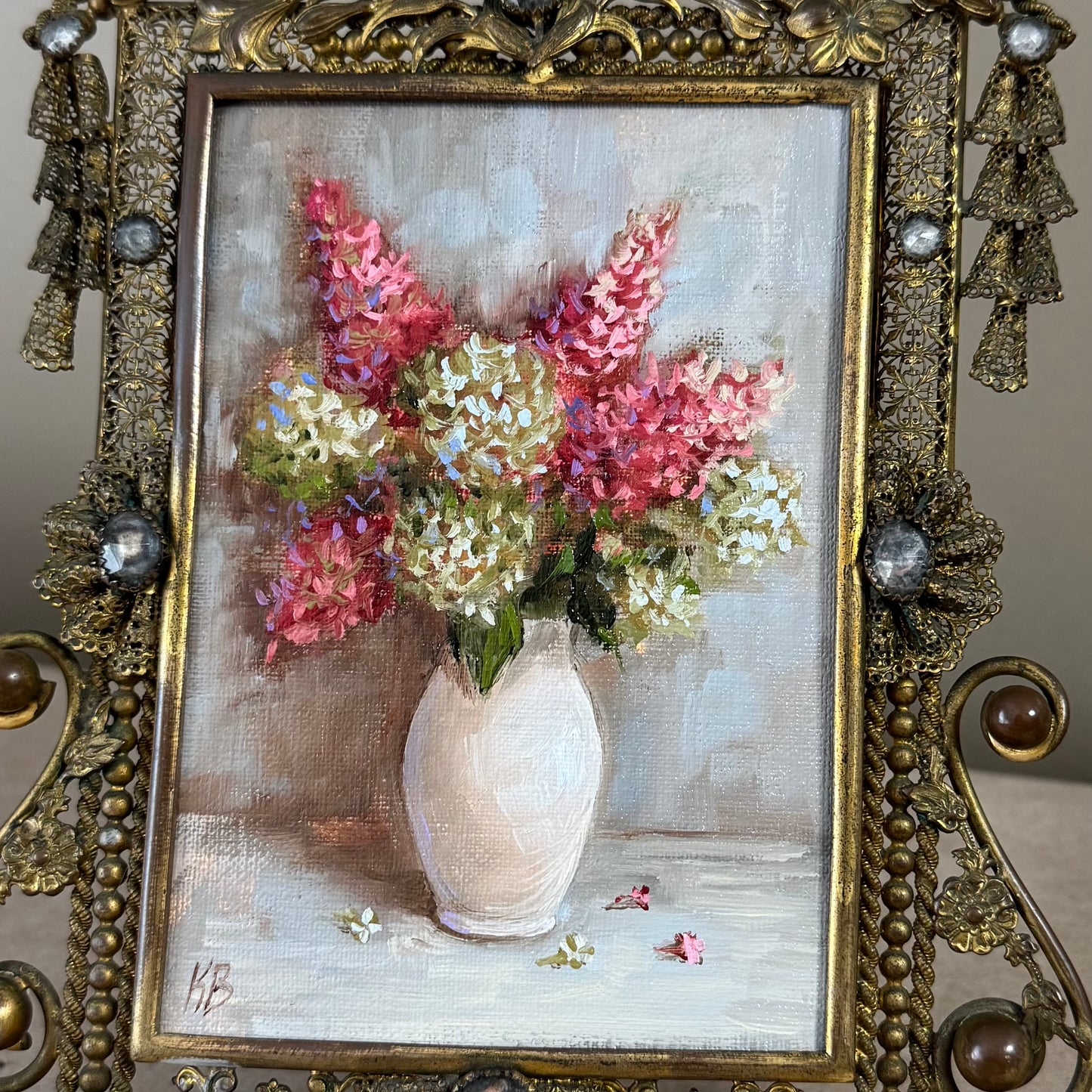 Pink and white hydrangeas original oil painting in antique frame