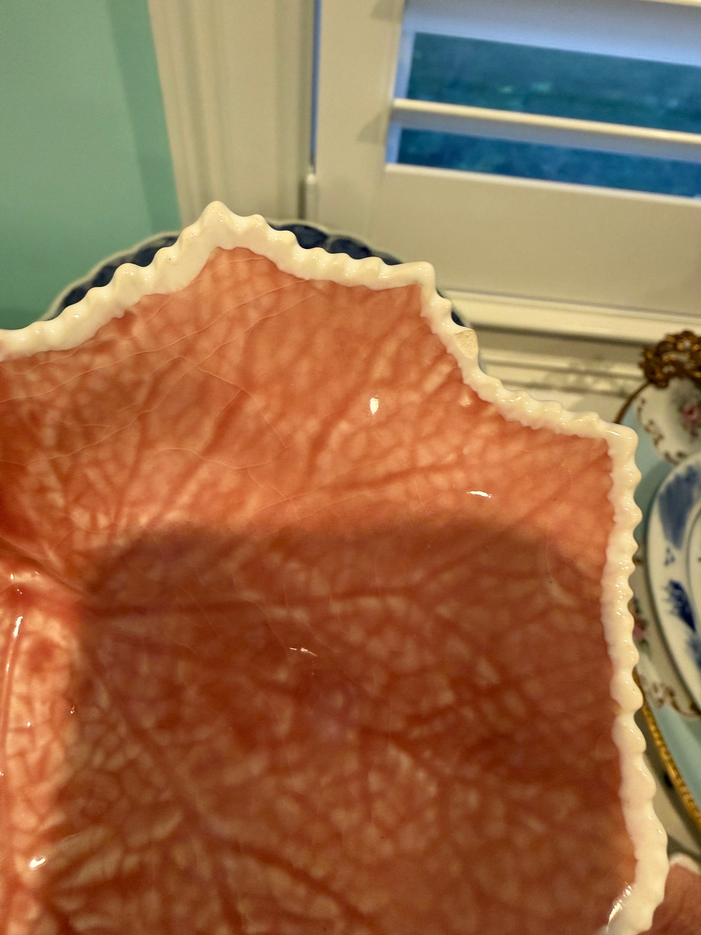 Reserved for Dawn - Vintage Pink Bordallo Leaf Shaped Plates 7.5” Set of 5 (2 have rim chips so 1 will be free)