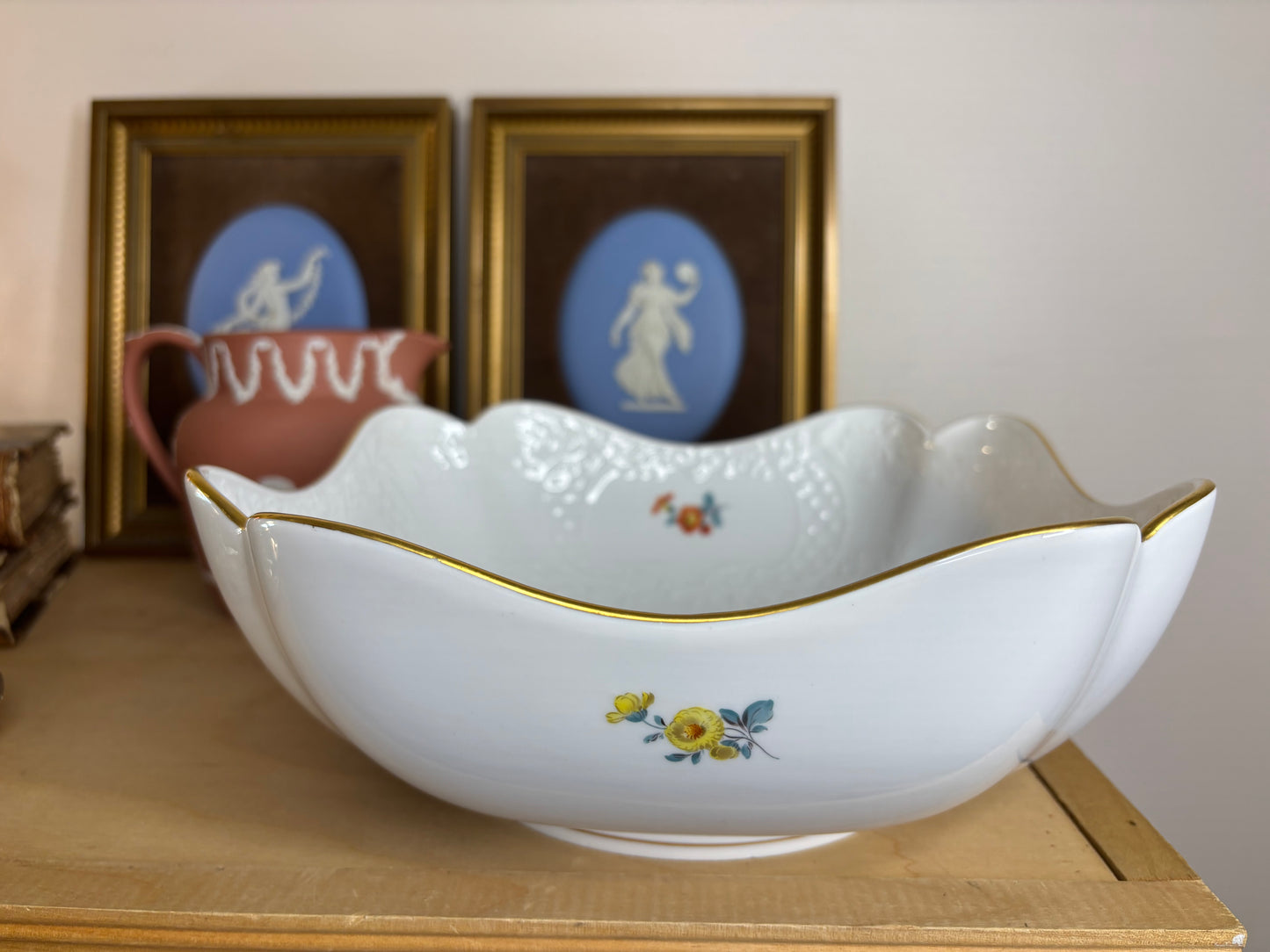 Lovely Meissen floral bowl with gold rim and embossed designs!