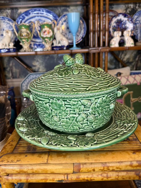 Vintage Bordallo Pinheiro Green Majolica Oak Leaf & Acorn Tureen with Underplate | Portugal | 13” W / 14” Platter