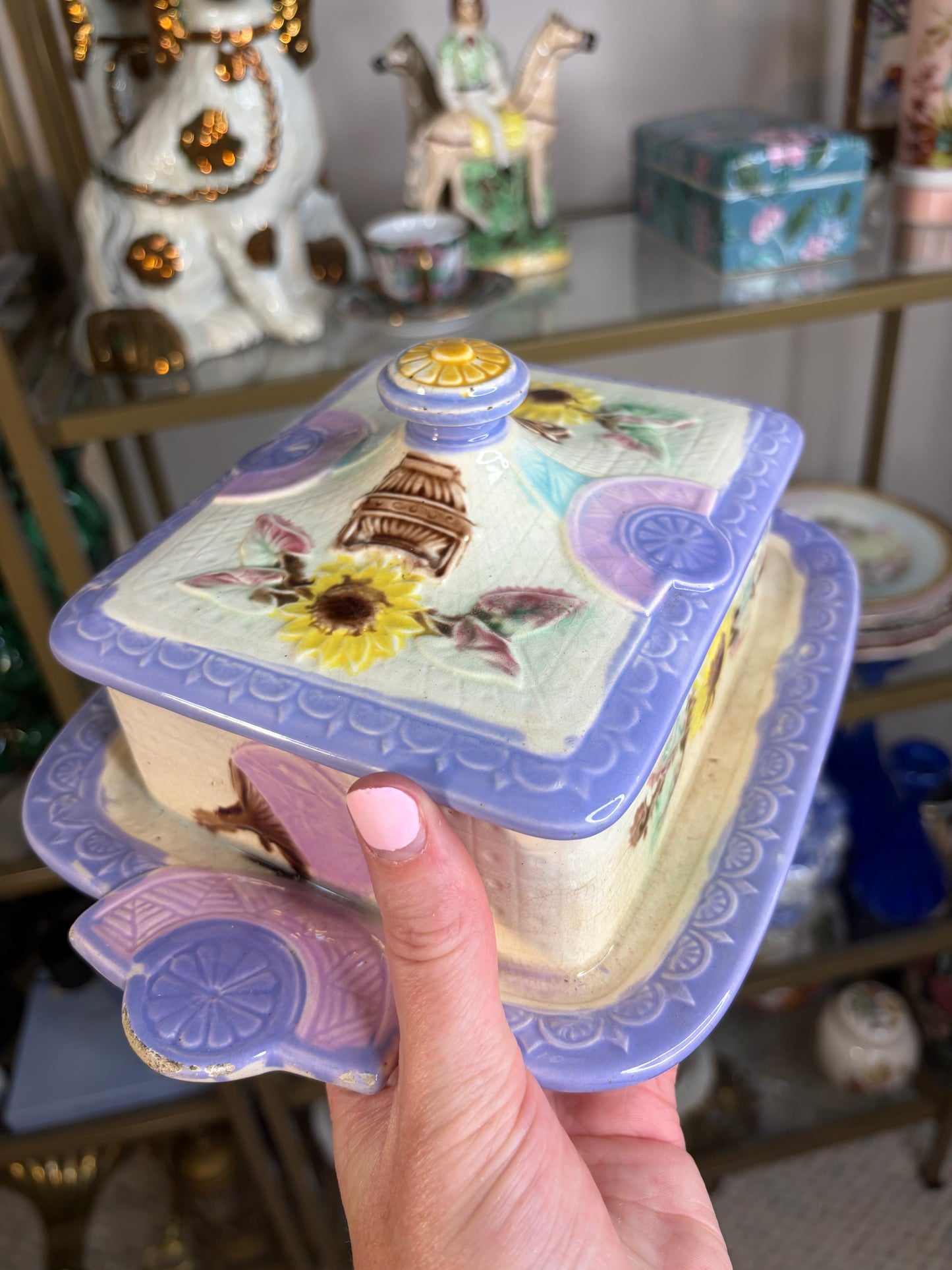 Antique Majolica Samuel Lear sunflower covered dish! As is!