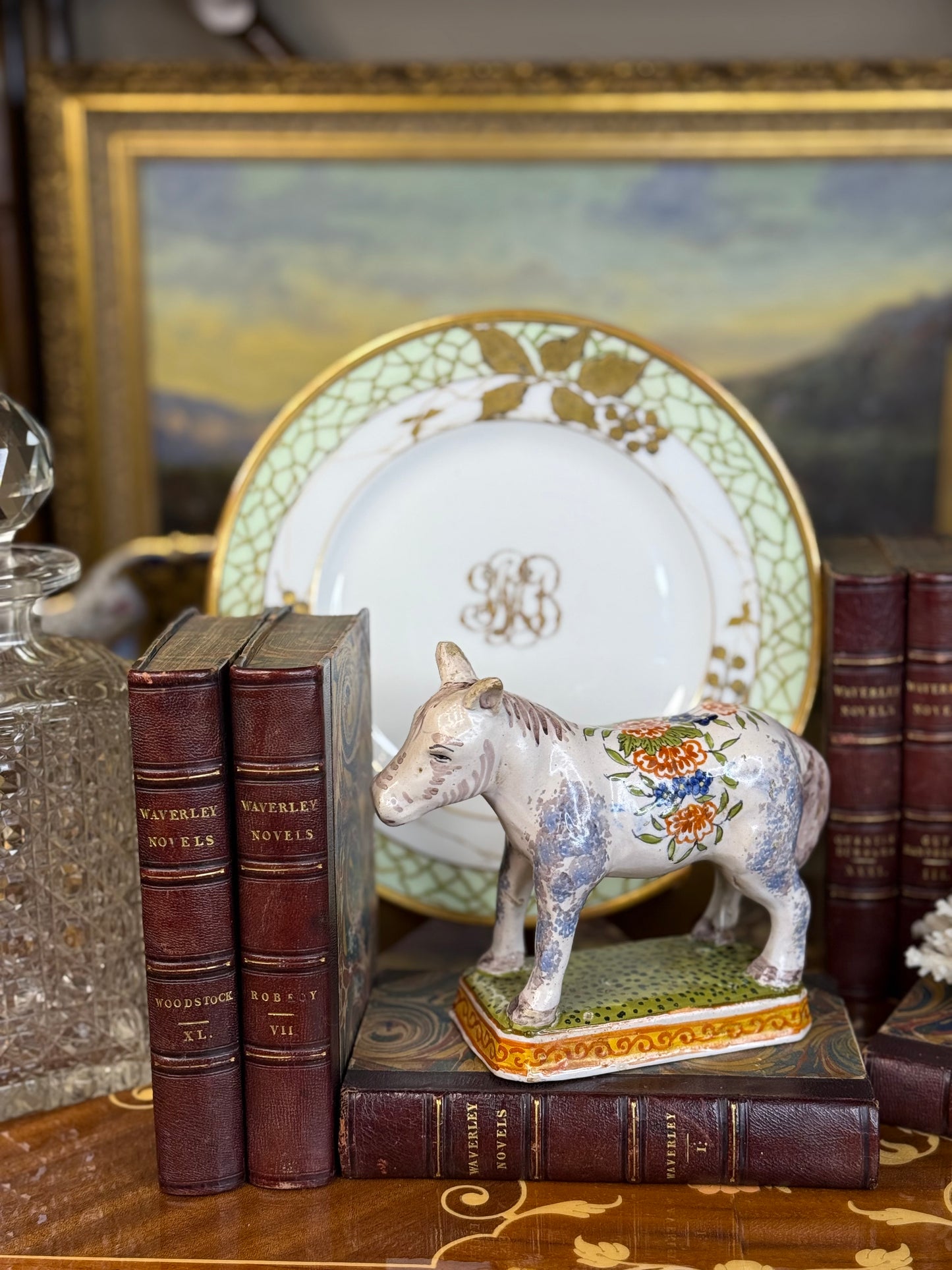 Antique French Faïence Donkey – Hand-Painted Desvres Pottery, Floral Saddle, c. 1880