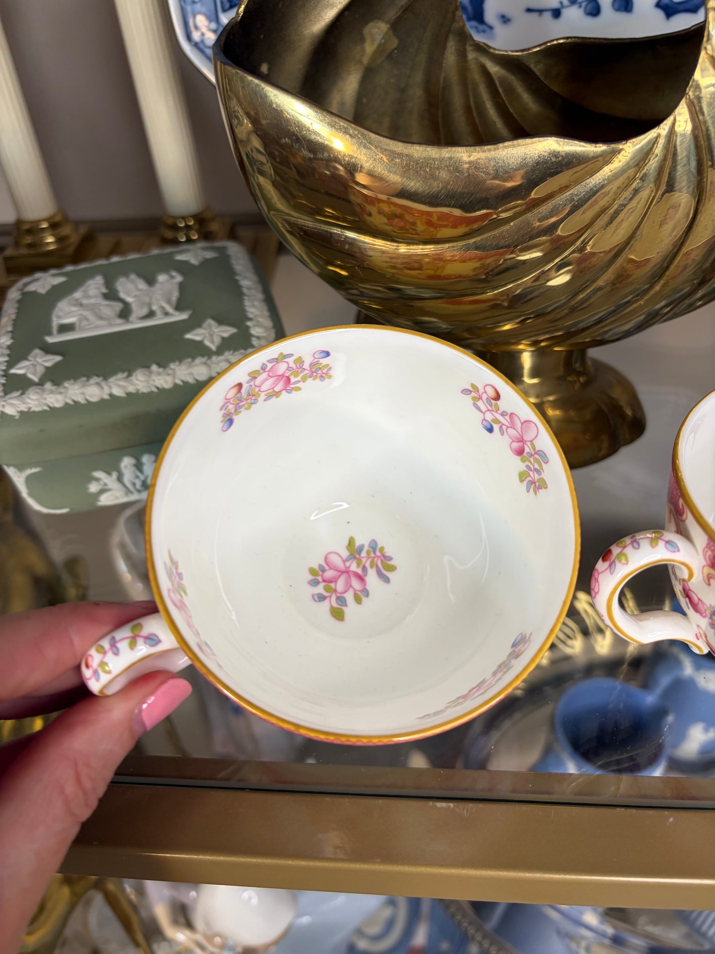 Minton Pink Cockatrice teacups pair!