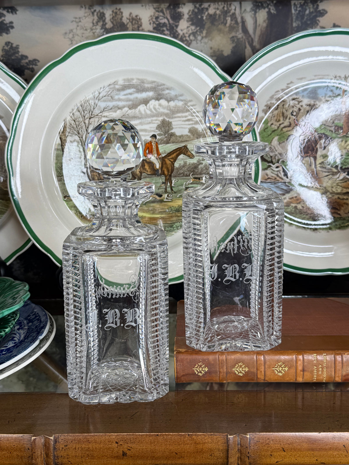 Antique T.G. Hawkes Cut Crystal Brandy & Whiskey Decanters, Pair with JBB Monogram & Faceted Stoppers, c.1900–1920, 8.5” H x 3” W | Pair