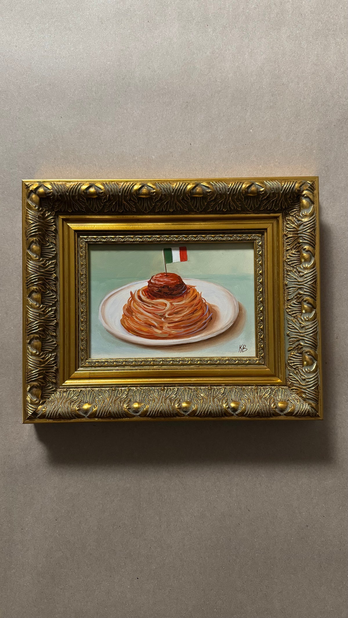 Italian Spaghetti and Meatballs Original Oil Painting Framed Kitchen Wall Art
