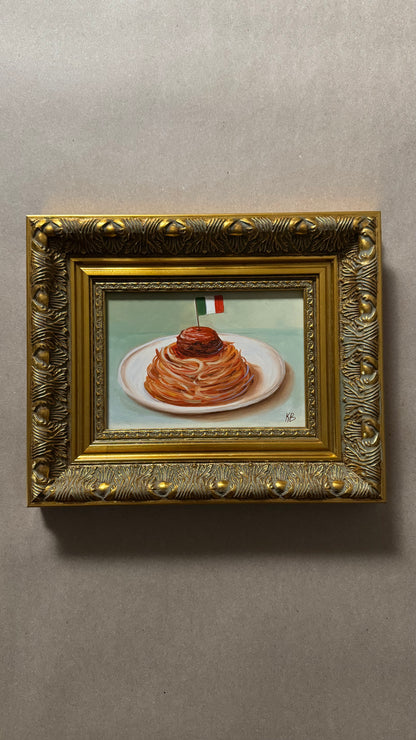 Italian Spaghetti and Meatballs Original Oil Painting Framed Kitchen Wall Art
