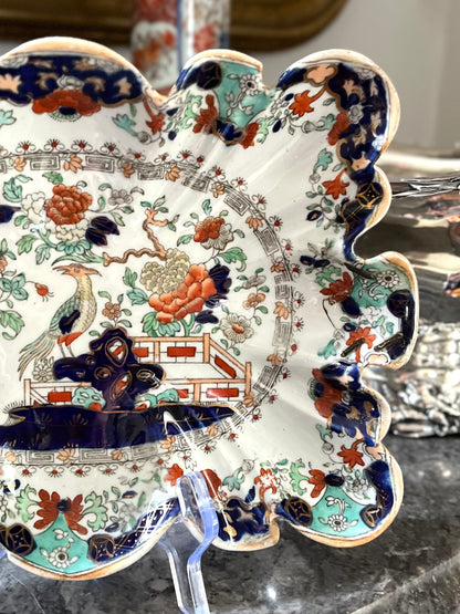 Live 07/28 Rare Colorway Antique Mason’s Patent Ironstone Chinoiserie Scalloped Serving Dish | Hand-Stapled Antique Repair | c.1840