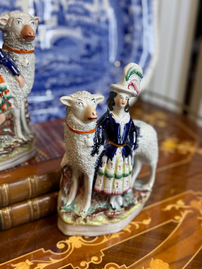 Antique 19th Century Staffordshire Sheep Boy & Girl Figures, Pair, 8.5” Tall – DA4529 & DA4253