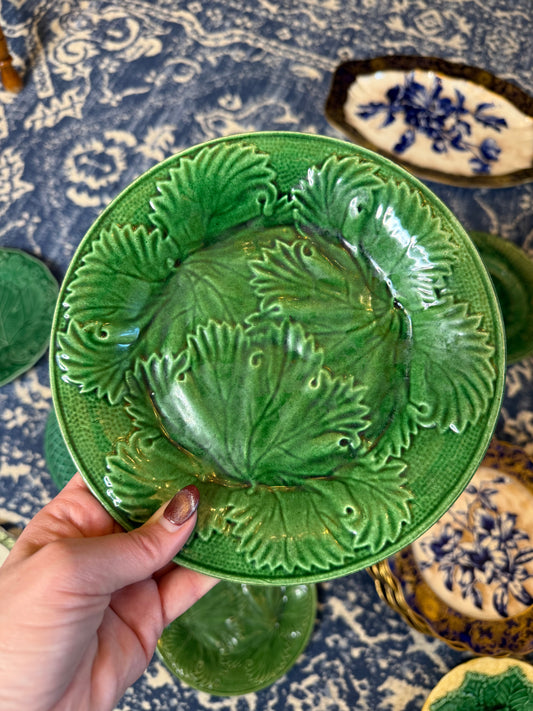 ANTIQUE (2) FRENCH  7 3/4"D MAJOLICA 1890'S CLAIRE FONTAINE #DA4477