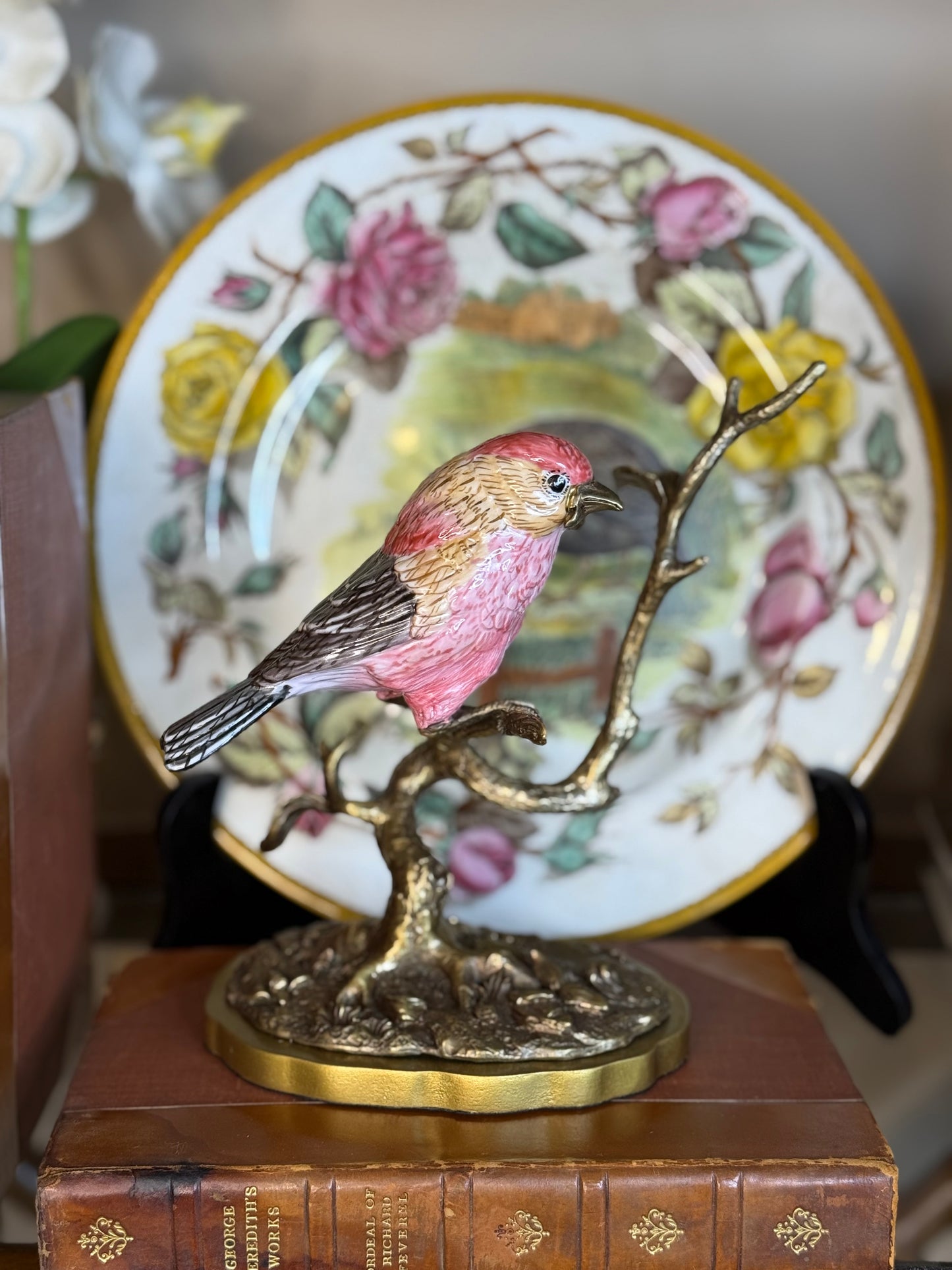 Danny's Fine Porcelain: Porcelain Purple Finch Bird Figurine with Bronze Ormolu | 7.5”