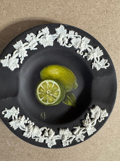 Live 06/22 Wedgwood small black and white dish with painted lime original art