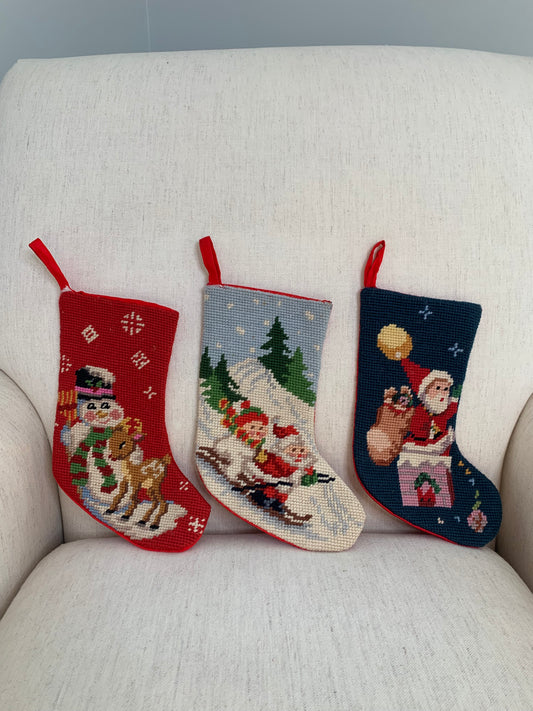 Red Snowman and Reindeer Needlepoint Stocking