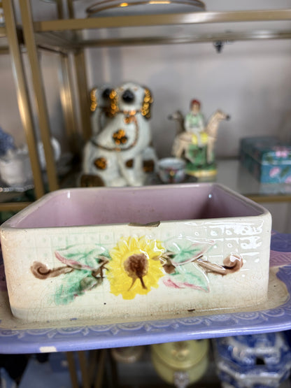 Antique Majolica Samuel Lear sunflower covered dish! As is!