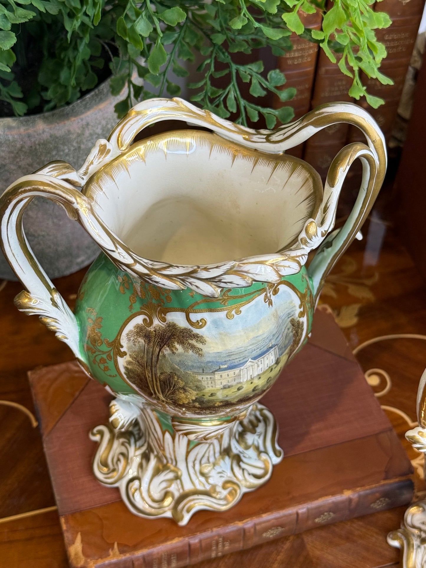 Rare Antique Pair of H.& R. Daniel Apple Green Scenic Vases | Named Views of Attingham Park, Shropshire | English Porcelain | c. 1840 | 8.5"H x 6.5"W x 4" | Style DA4447 (Copy)