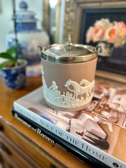Antique Edwardian Wedgwood Lilac Jasper Dip & Silver Plate Biscuit Barrel, England c.1903, 5.25"