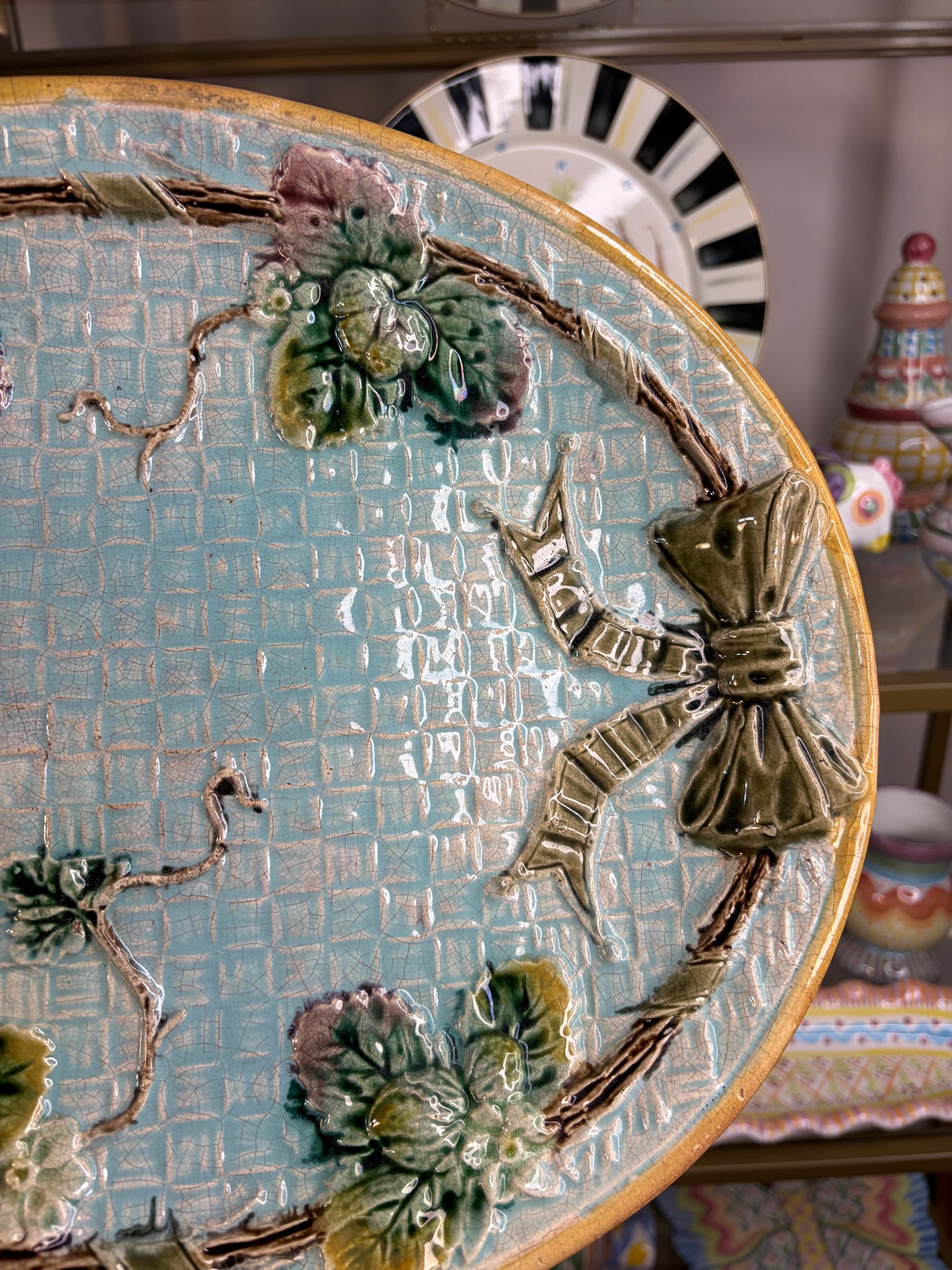 Antique Majolica platter with bows and strawberries!