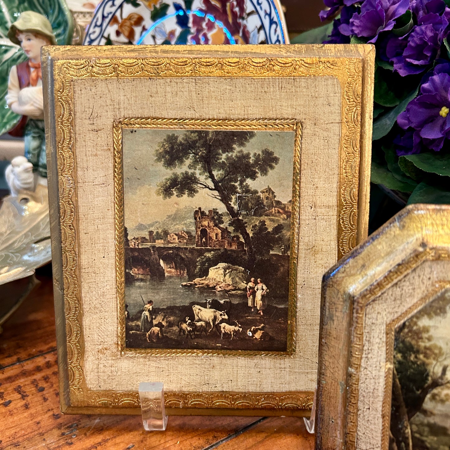 Fabulous Florentine rectangular painting on wood Italian 7.5 x 6