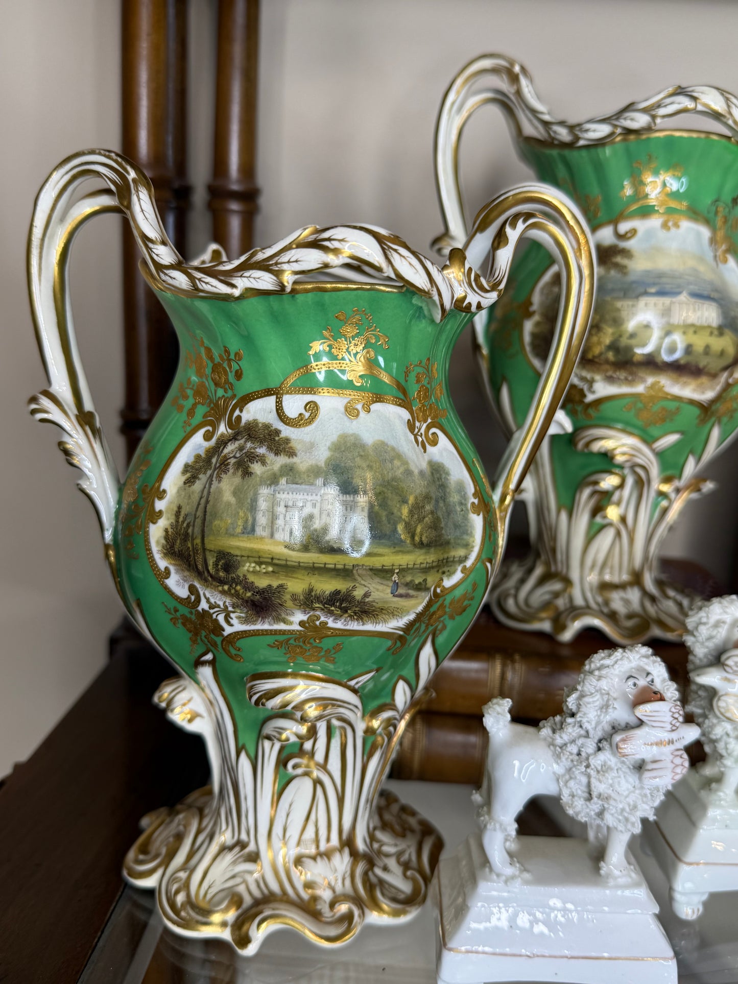 Antique Pair of H.R. Daniel Green Scenic Vases with Castles & Floral Decoration | Circa 1840 | 8.5"H x 6.5"W x 4" Base | Style DA4447