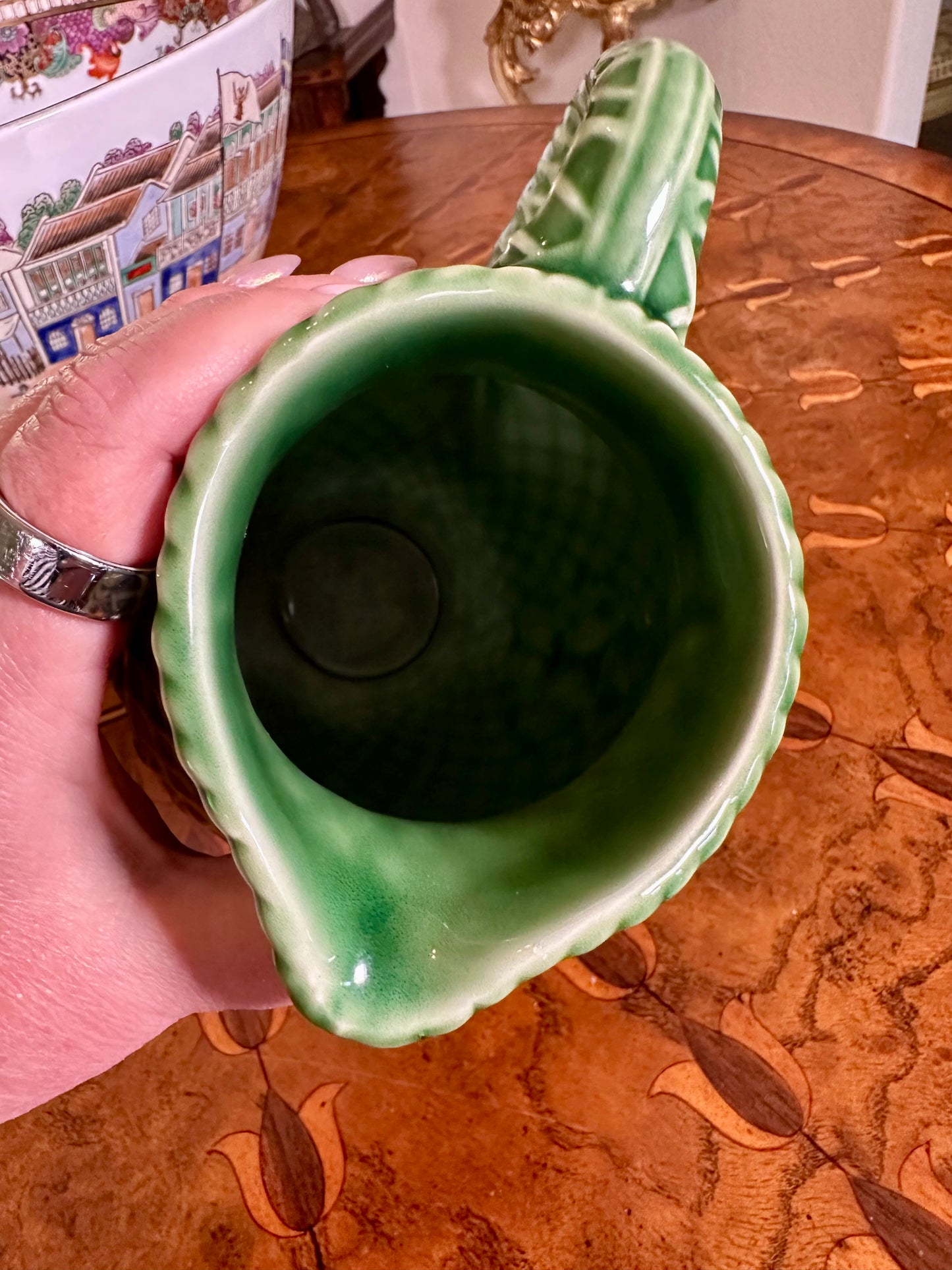 Vintage Bordallo Pinheiro Rose Garden Green Majolica Pitcher | Portugal