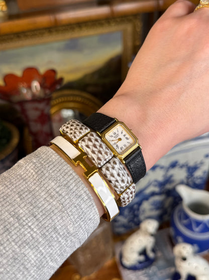 White Enamel “H” Gold Hinged Bangle Bracelet W/ Box