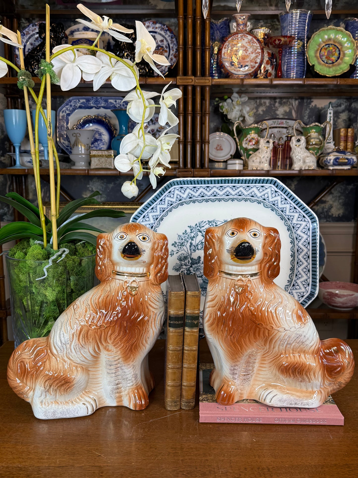 Pair Antique Victorian Staffordshire Spaniel Dogs | Large 14” Mantel Dogs | England c.1870–1890