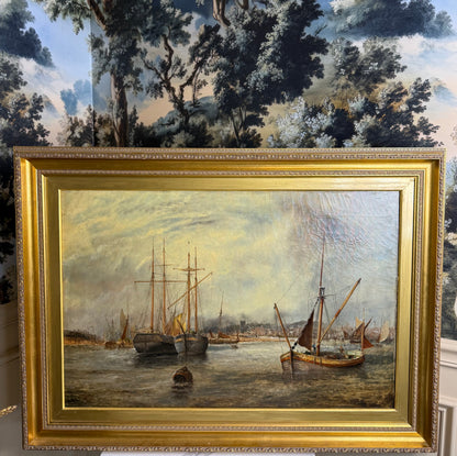 J. Edwards English Maritime Oil Painting “Ipswich Dock, Suffolk” | Signed/Inscribed 1879 | Original Gilt | Framed 27”H × 38”W