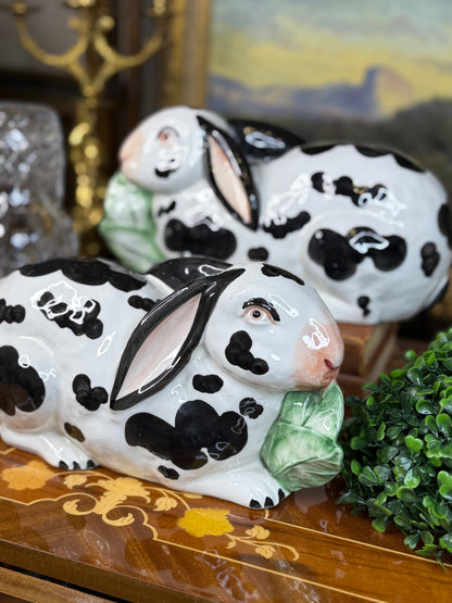 Pair of Chelsea House, Italian Ceramic Rabbits by Georgian Society | Black & White Bunny Figurines | 11” Long
