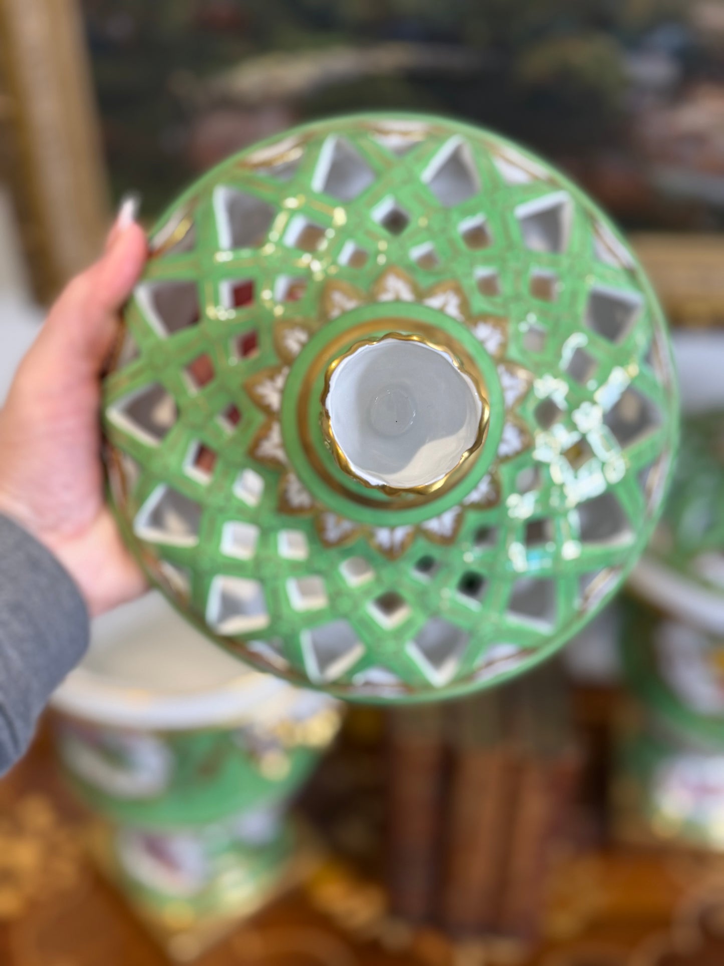 STUNNING - 16” Tall, Chelsea House Green Lattice Porcelain Urn Pair with Domed Covers & Finials