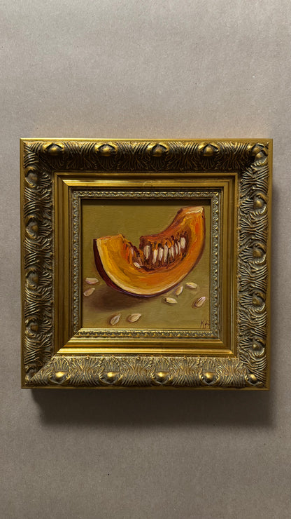 Original Pumpkin Slice Oil Painting in Ornate Gold Frame – 9.5 × 9.5 Inches
