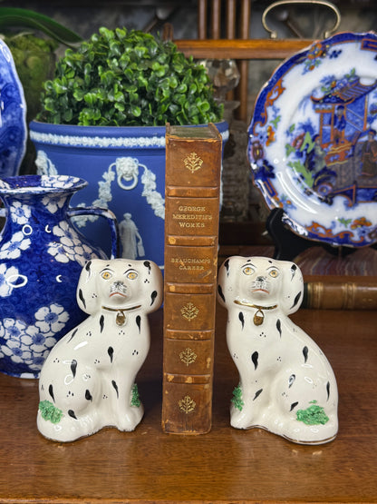 Pair of Kent Staffordshire Ware Dalmatian Dog Figures | Black, White, Green & Gilt | Mid-20th Century | 4.5” H × 3” W × 2” D Each