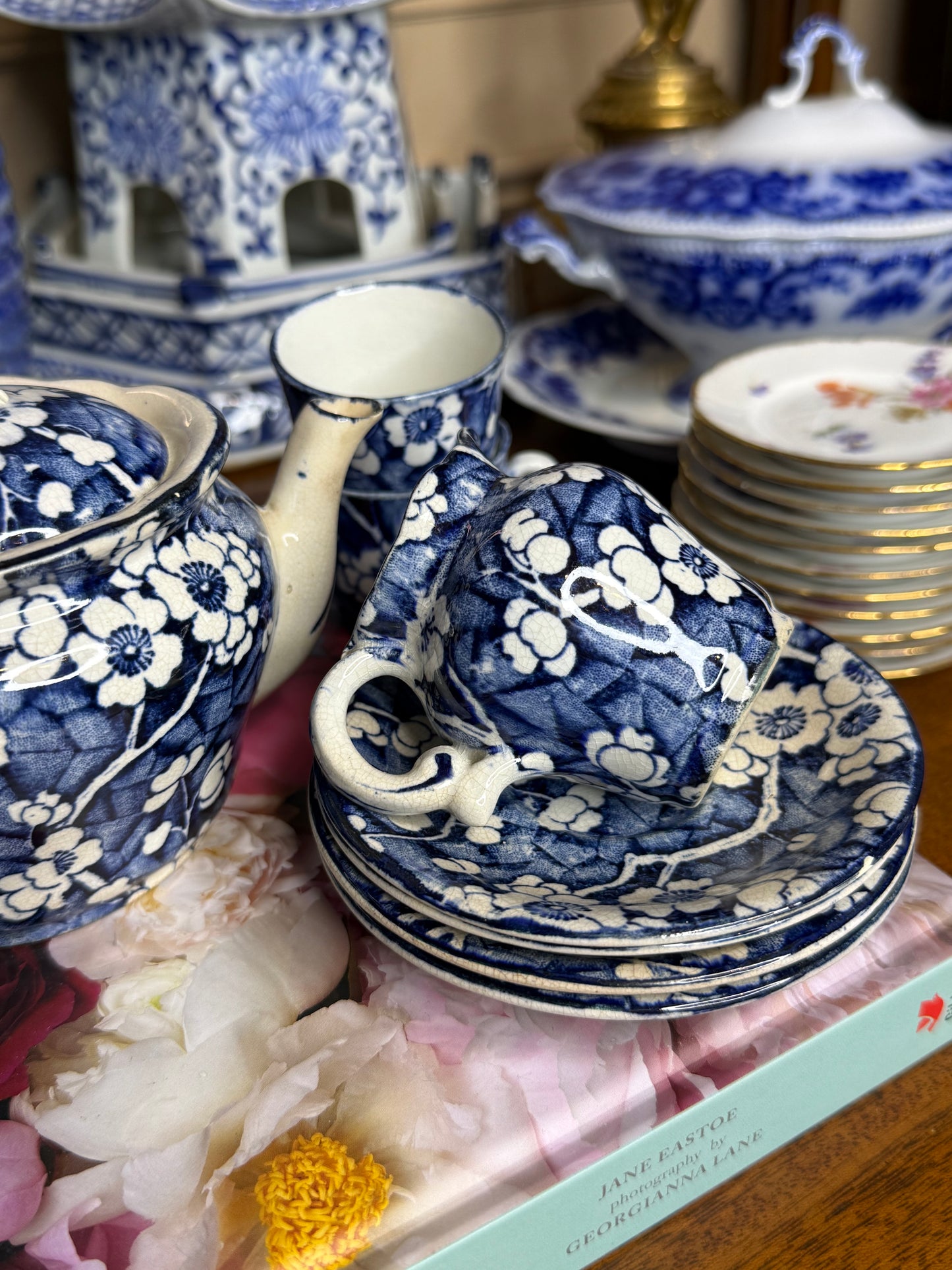 RESERVED - ANTIQUE CHILD'S TEA SET, BLUE CHERRY BLOSSOM