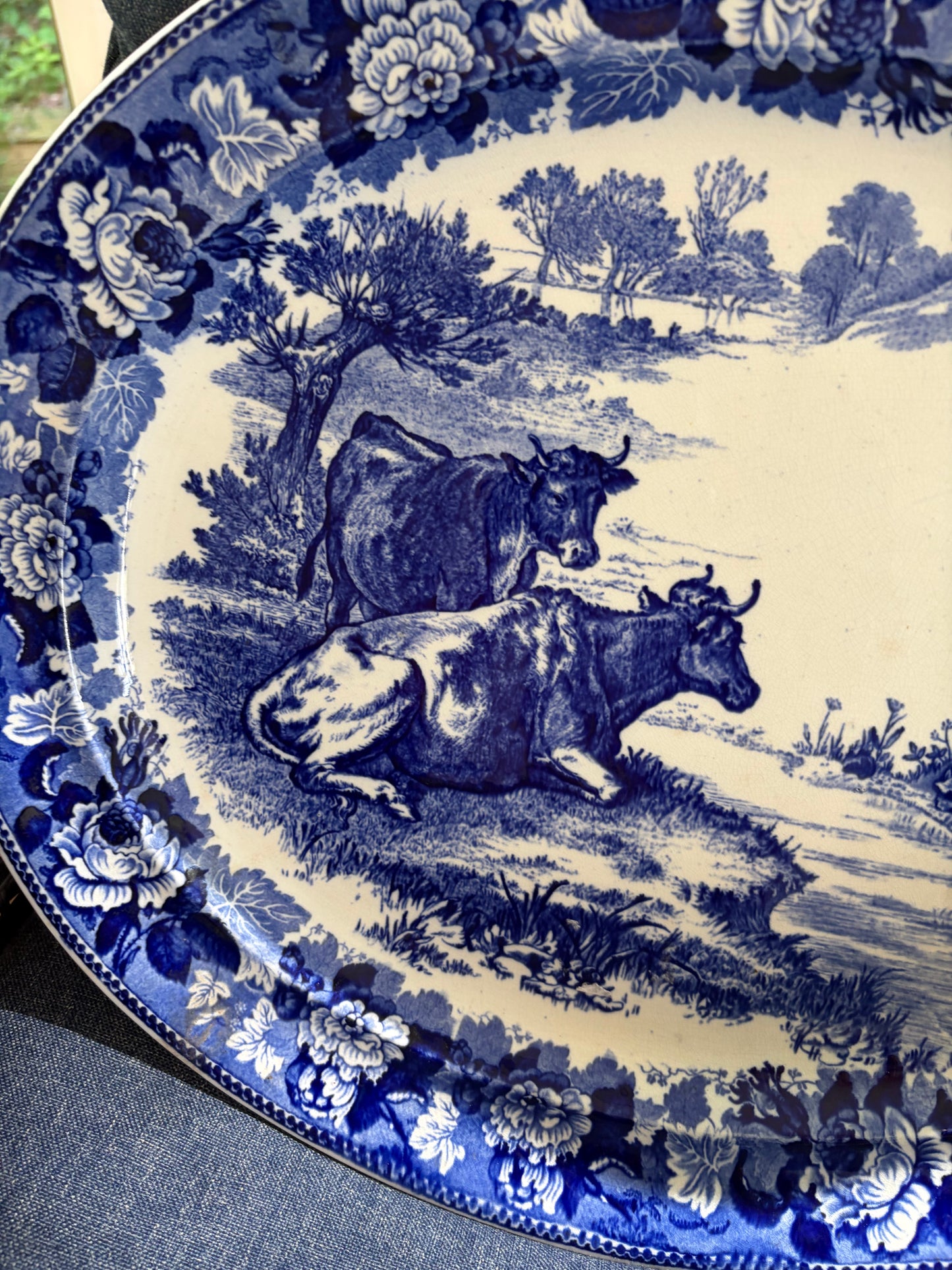 Stunning antique 18 3/4”Wedgwood blue and white platter with pasture scene and cows!